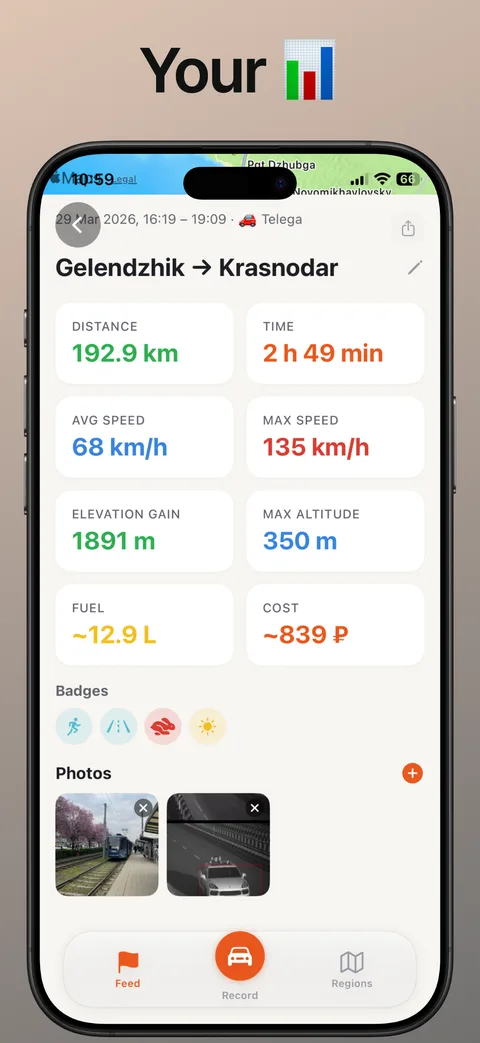 Законченная поездка в TripTrack: маршрут на карте, фото и статистика