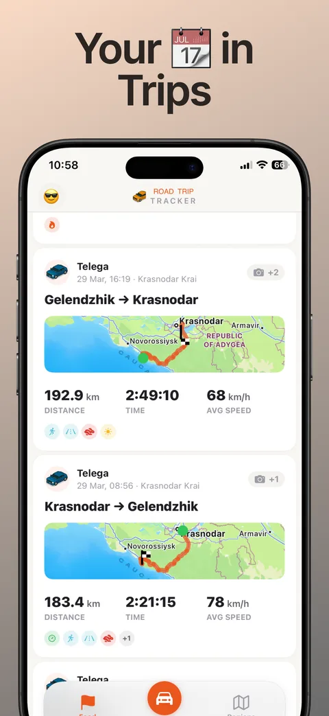 Лента TripTrack: записанные поездки с маршрутом, расстоянием и датой